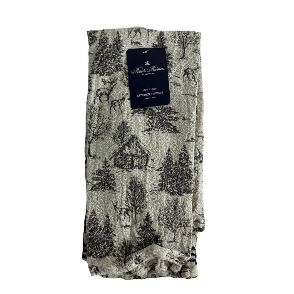 3 Brooks Brothers Kitchen Towel Holiday Lodge Brown/Black Deer Cotton NEW